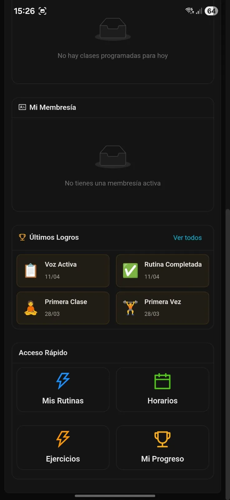 App móvil del socio — Reservas, rutinas y pagos desde el celular.