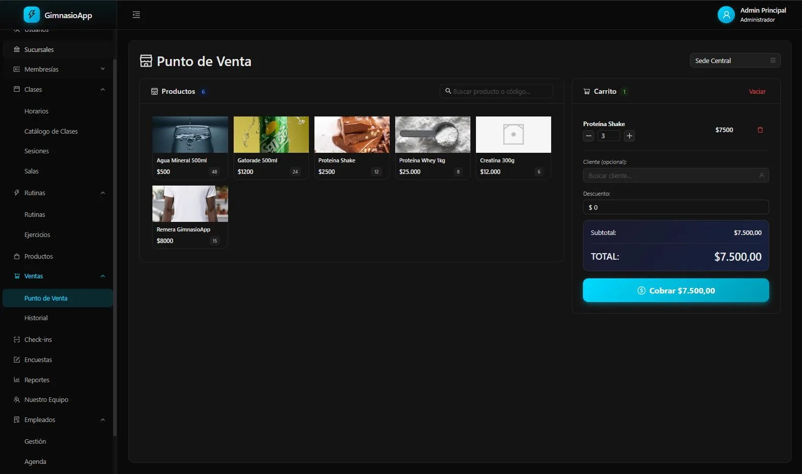 Punto de venta integrado — Carrito, descuentos y cobranza en una sola pantalla — productos, suplementos y merchandising.